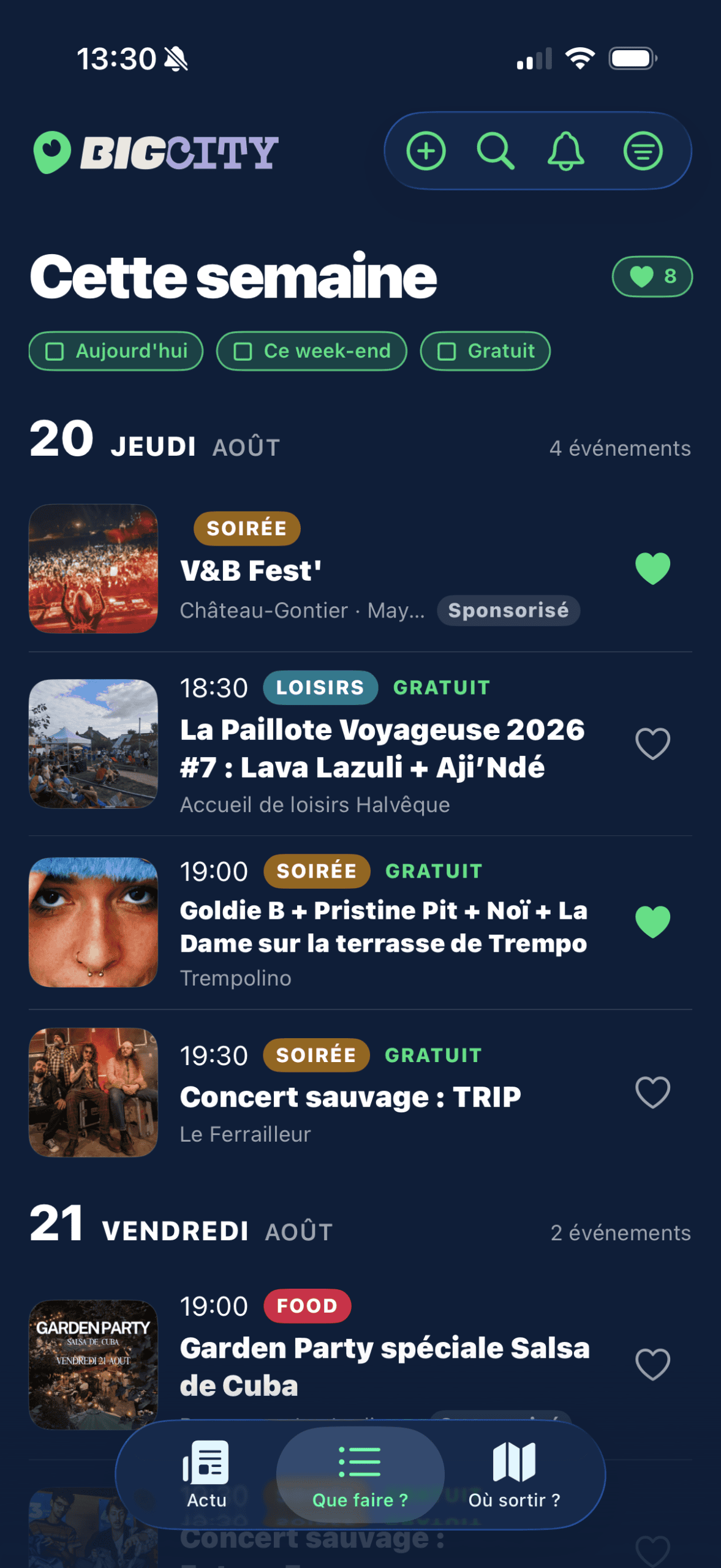 Onglet « Que faire ? » : l'agenda de la semaine avec les raccourcis Aujourd'hui, Ce week-end et Gratuit, puis les événements jour par jour.