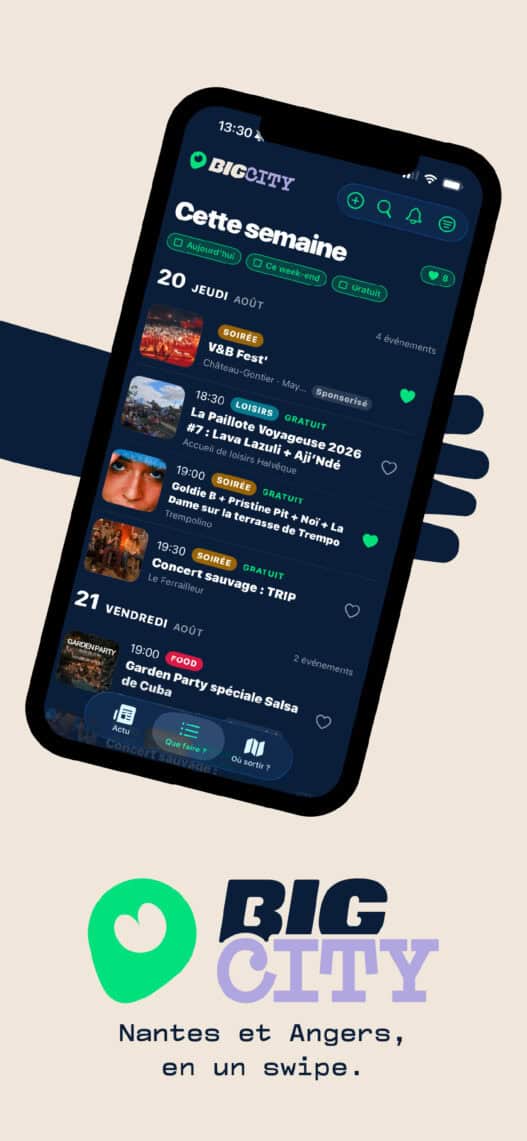 L'onglet « Que faire ? » de l'app Big City : l'agenda de la semaine jour par jour, avec les raccourcis Aujourd'hui, Ce week-end et Gratuit.