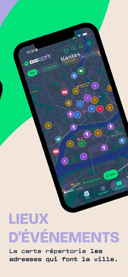 Vue carte des lieux : bars, restaurants, musées et salles, chacun avec sa couleur de catégorie.
