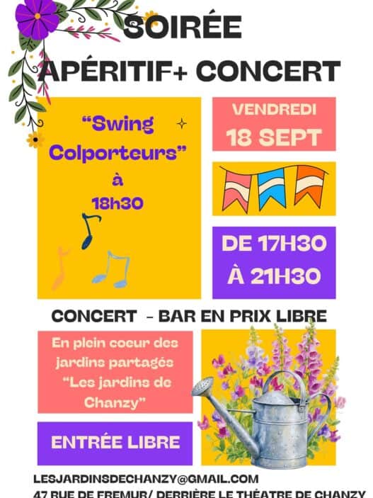 Affiche de la soirée apéritif et concert des Swing Colporteurs aux Jardins de Chanzy à Angers le 18 septembre 2026